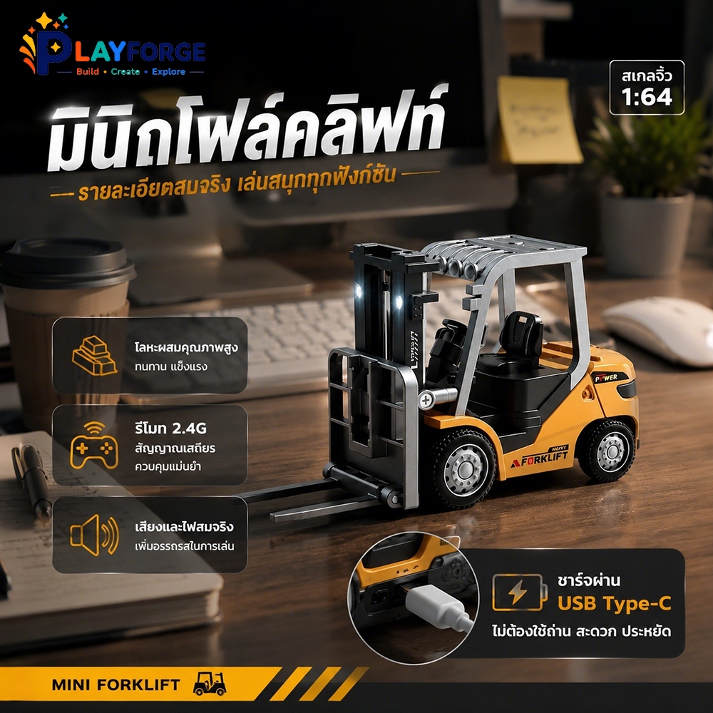 รถโฟล์คลิฟท์ Mini รถบังคับ 1:64 RC 2.4G สมจริง จำลองงานคลังสินค้า