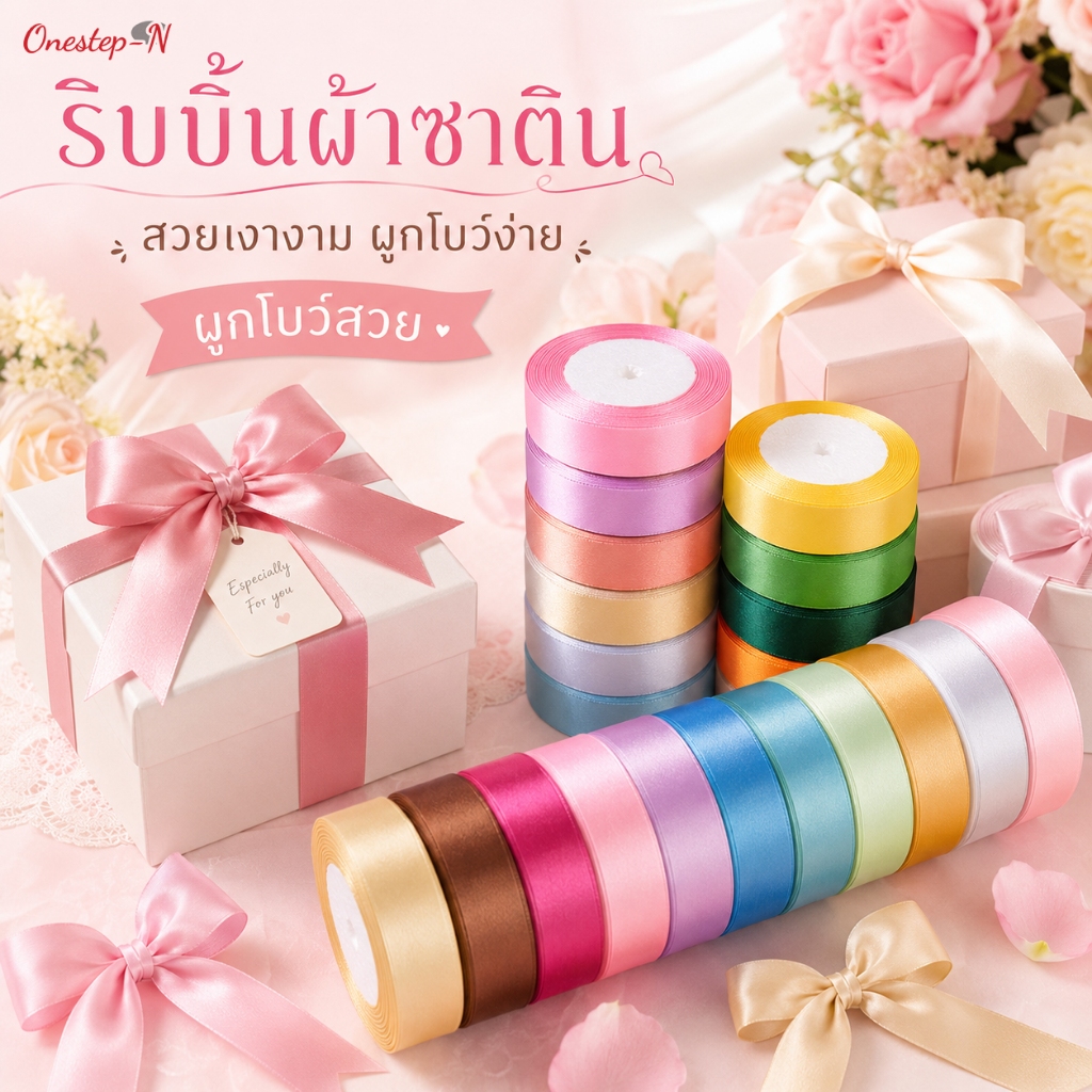 ริบบิ้นผ้าซาติน ริบบิ้นทำโบว์ หลากสี ใช้ตกแต่งงานปาร์ตี้ งานวันเกิด