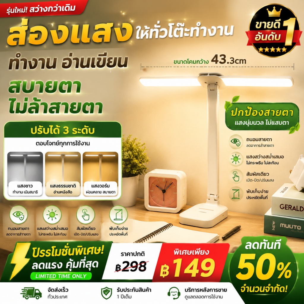 โคมไฟตั้งโต๊ะ โคมไฟตั้งโต๊ะพับได้ โคมไฟอ่านหนังสือ โคมไฟอ่านหนังสือ LED ปรับแสงได้ มีแบตเตอรี่ในตัว  จี่แสงได้