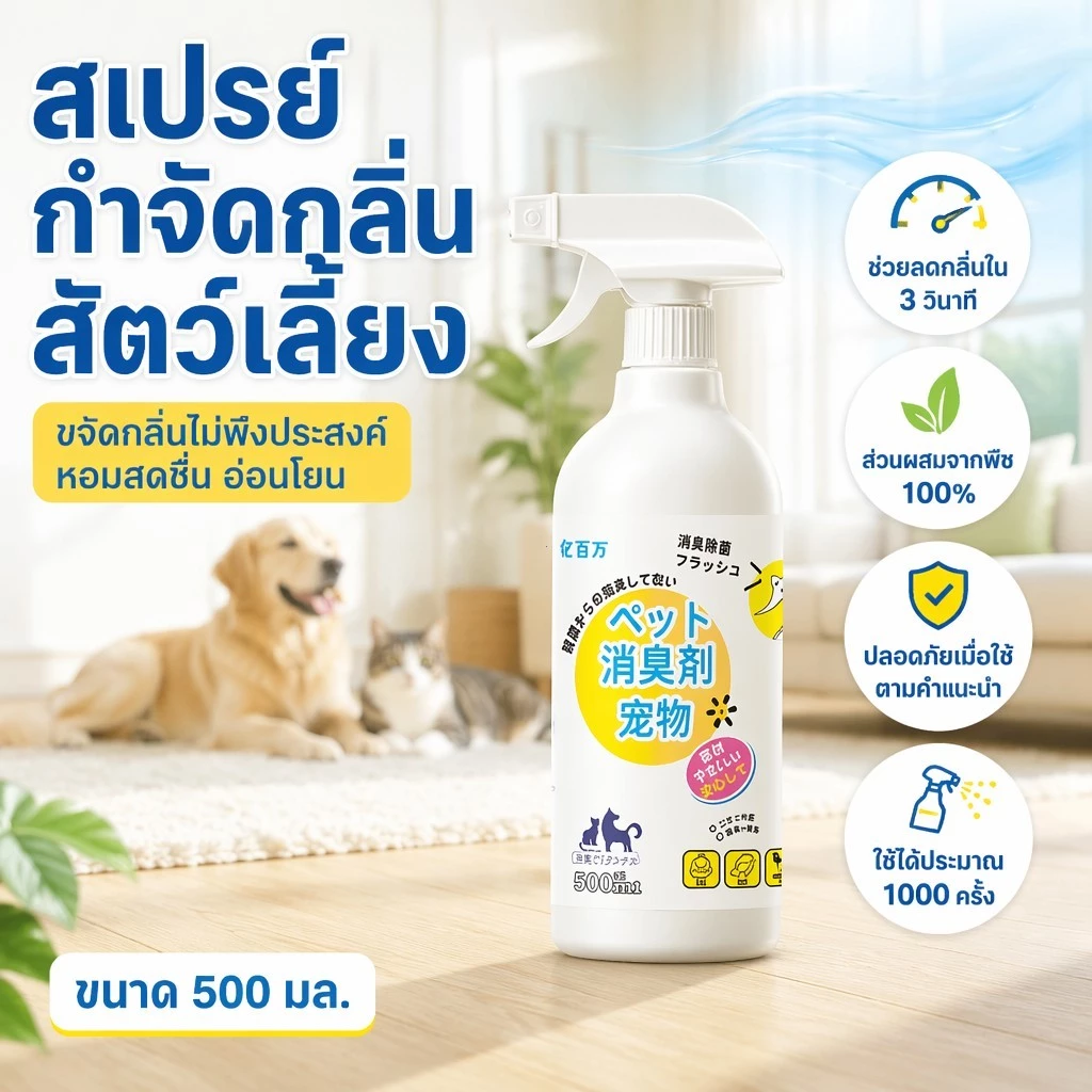 สเปรย์ดับกลิ่นฉี่แมว สเปรย์ดับกลิ่นสัตว์เลี้ยง สเปรย์ดับกลิ่นสุนัข ใช้ดับกลิ่นสัตว์ 500ml กำจัดกลิ่น3วินาที