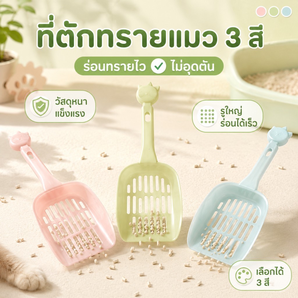 Plendy ที่ตักทรายแมว ช้อนกรองทรายแมว PP พลั่วทรายแมว อุปกรณ์สัตว์เลี้ยง 3สีให้เลือก