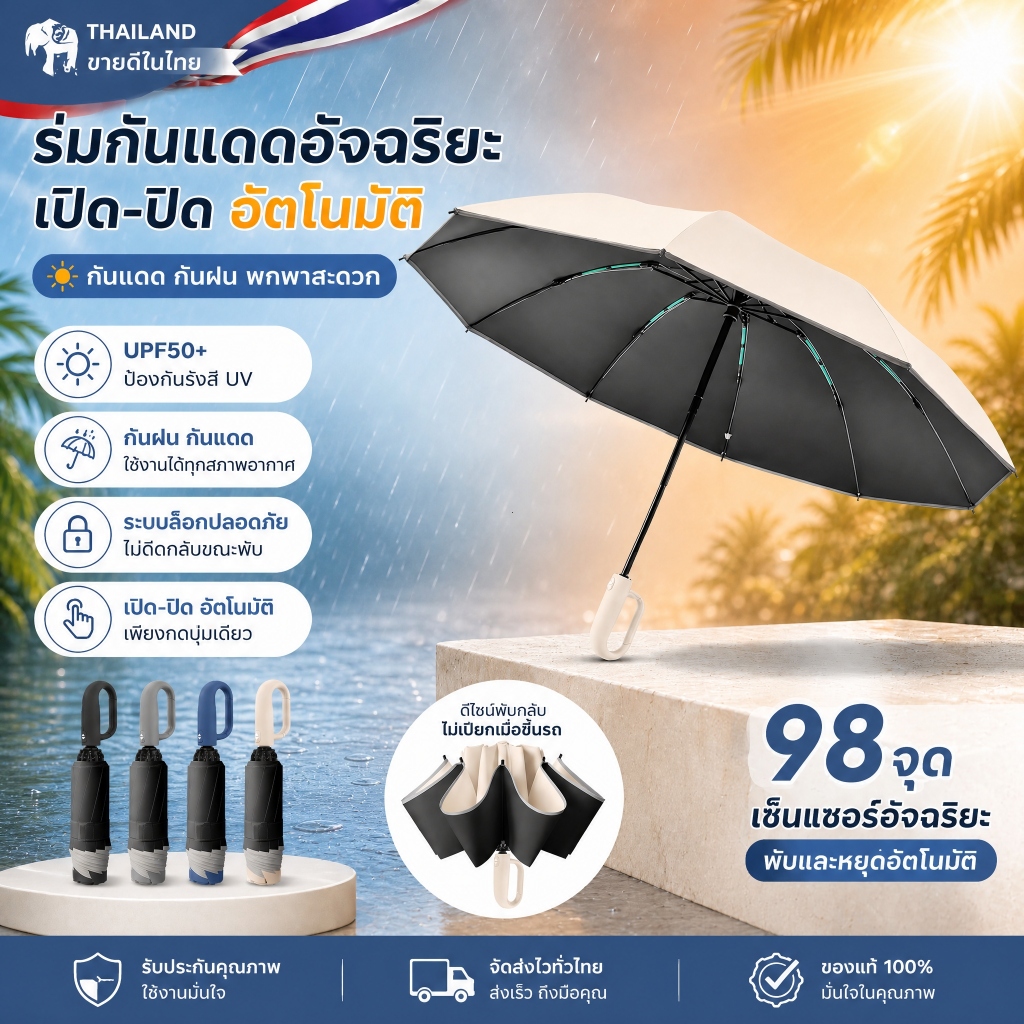 ร่มกลับด้านอัตโนมัติ ร่มพับกันแดดกันฝน ด้ามแขวนแฟชั่น หดทีละขั้น ไม่ดีดกลับ 10 ก้าน ผ้า 3 ชั้น กัน UV ต้านลมแรง พกพาง่าย