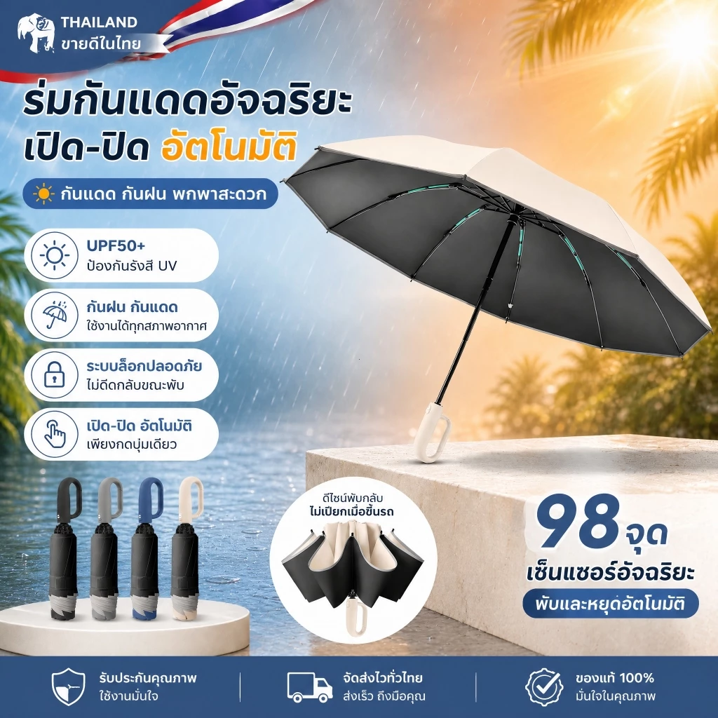 ร่มกลับด้านอัตโนมัติ ร่มพับกันแดดกันฝน ด้ามแขวนแฟชั่น หดทีละขั้น ไม่ดีดกลับ 10 ก้าน ผ้า 3 ชั้น กัน UV ต้านลมแรง พกพาง่าย