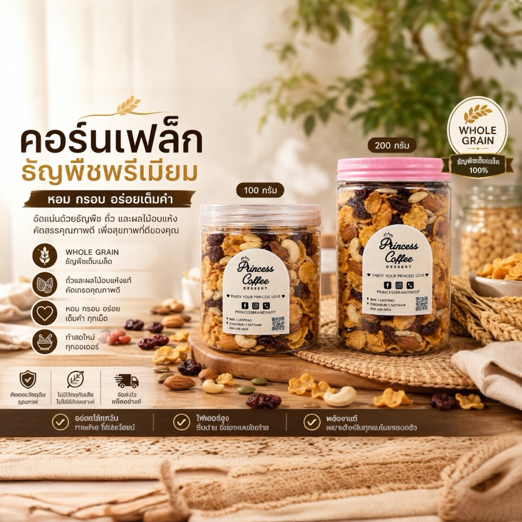 คอร์นเฟล็กกคาราเมล Caramel conflakes  mixed nuts ธัญพืชและเบอร์รี่อบแห้ง