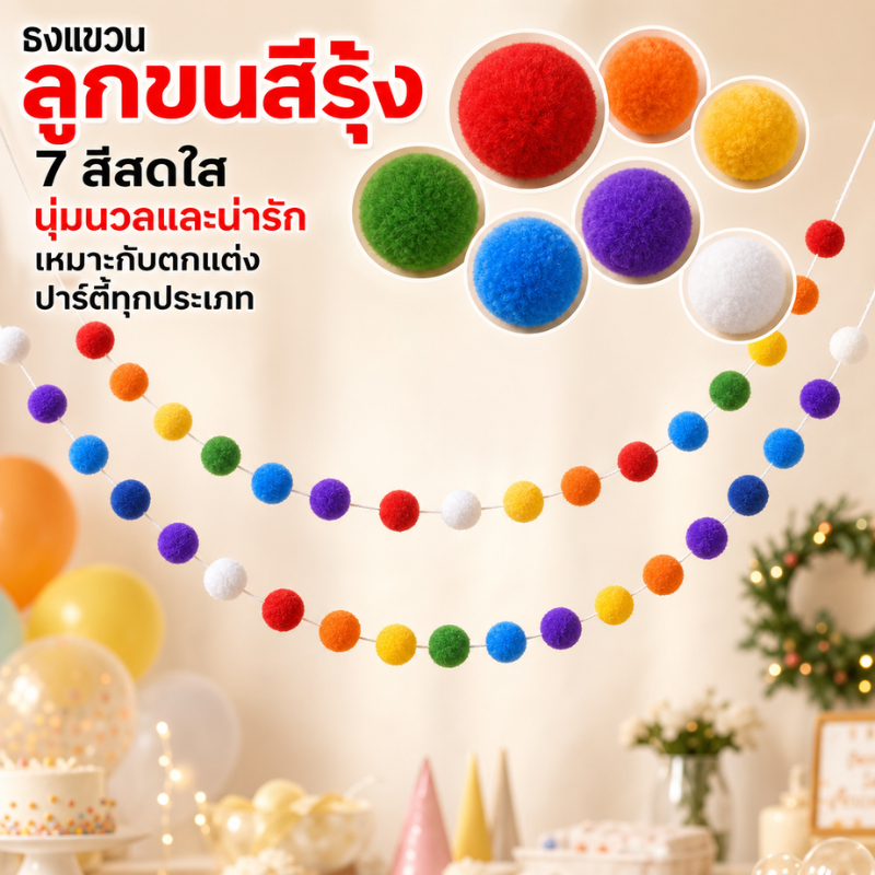 ธงปอมปอมคละสี ยาว2.5m เนื้อนุ่ม ทำงานDIYได้ มีเข็มด้ายครบ ตกแต่งห้อง วันเกิด งานปาร์ตี้ทุกประเภท