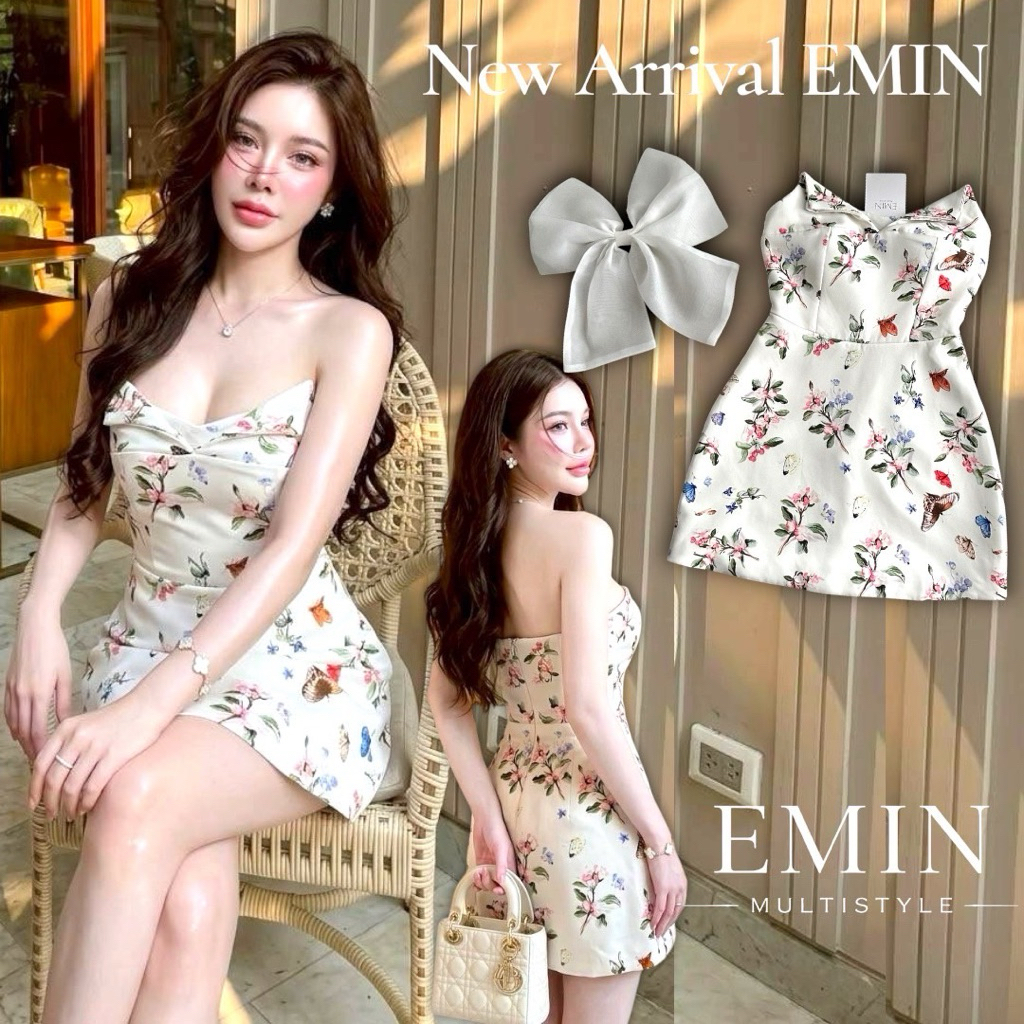 เดรสไปงานสวยๆ เดรสลายดอกไม้โทนครีมสุดละมุน มาพร้อมโบว์ออร์แกนซ่าถอดได้ Emin