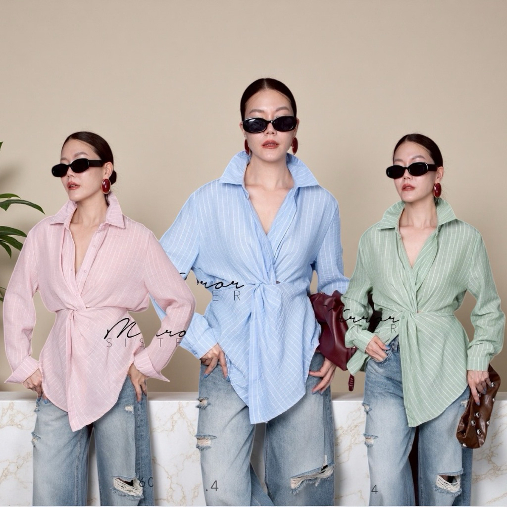 MirrorsisteR 60608.4 เสื้อเชิ้ตลายริ้วทรงเดรปผ้าไขว้ปมทวิสต์ช่วงเอว