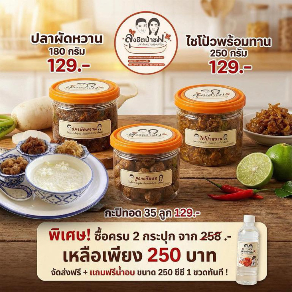 ปลาผัดหวาน ลูกกะปิ ไชโป้ว คละ 2 กระปุก250฿