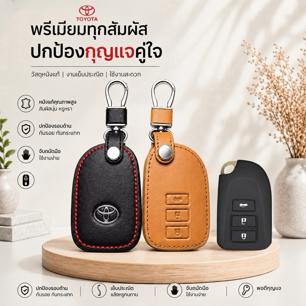 ซองหนังแท้ ใส่กุญแจรีโมทรถยนต์ Toyota Vios, Yaris Ativ 2014-26 แบบ Push Start โลโก้เงิน รุ่น 3 ปุ่ม