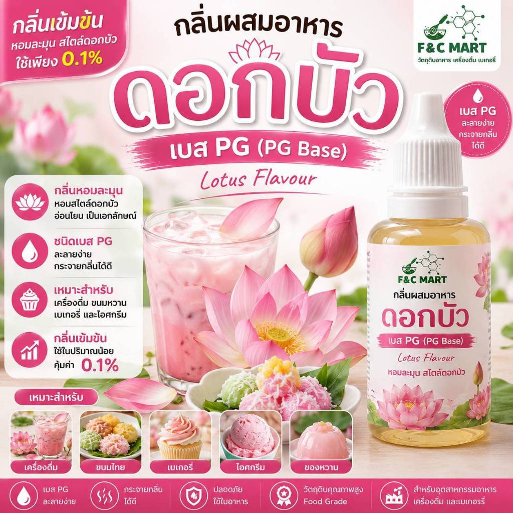 กลิ่นผสมอาหาร กลิ่นดอกบัว เบส PG Lotus Flavor PG Base กลิ่นเข้มข้น สำหรับเครื่องดื่ม ขนม และเบเกอรี่