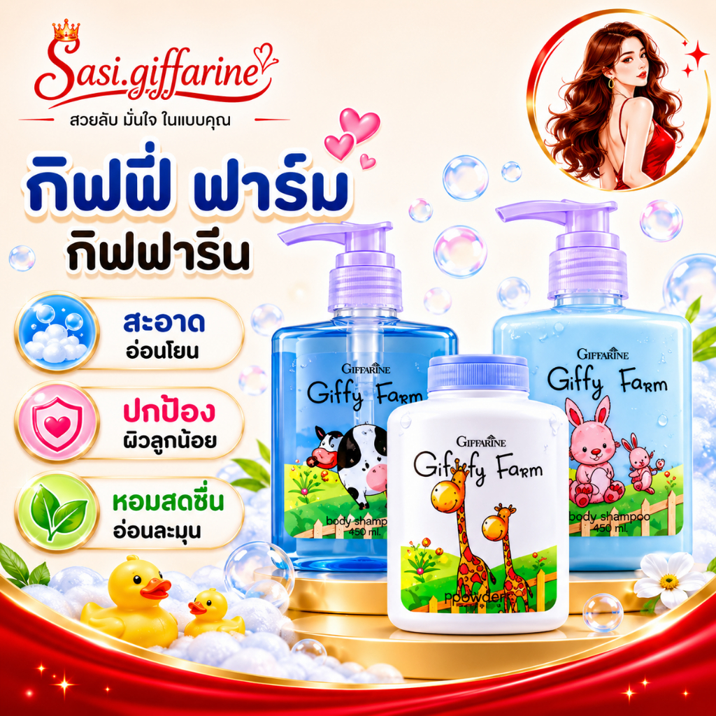 แชมพู ครีมนวด แป้งเด็ก Giffarine Baby Care สำหรับเด็ก 3–6 ปี ผิวสะอาดนุ่ม กลิ่นหอมอ่อนโยน