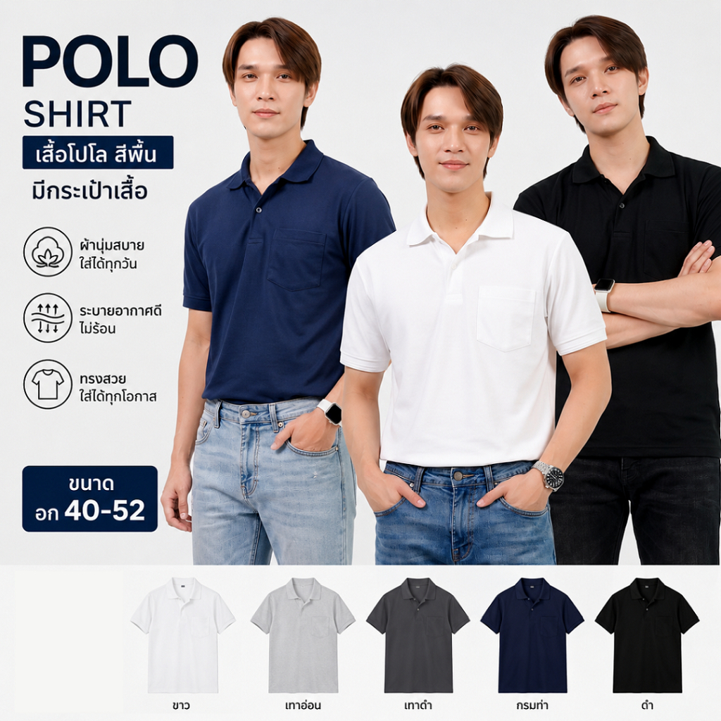 Ananya เสื้อโปโลผู้ชาย มีกระเป๋าเสื้อ โทนสีสุภาพ ใส่ทำงาน/ลำลอง อก 40-52นิ้ว