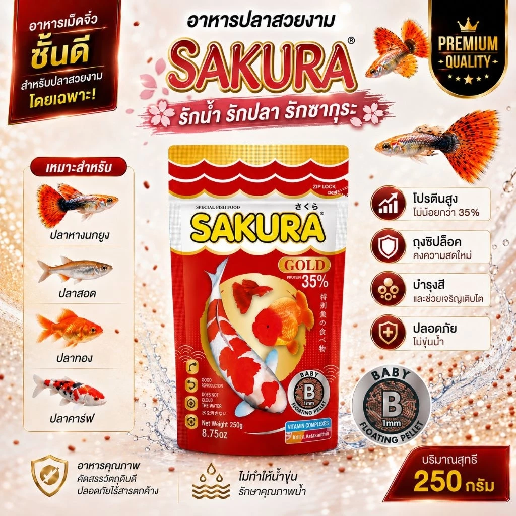 อาหารปลาซากุระ SAKURA GOLD (250 กรัม เม็ดจิ๋ว B) ซากุระโกลด์ อาหารสวยงามทุกชนิด สูตร เร่งโต เร่งสี เร่งวุ้น น้ำไม่ขุ่น