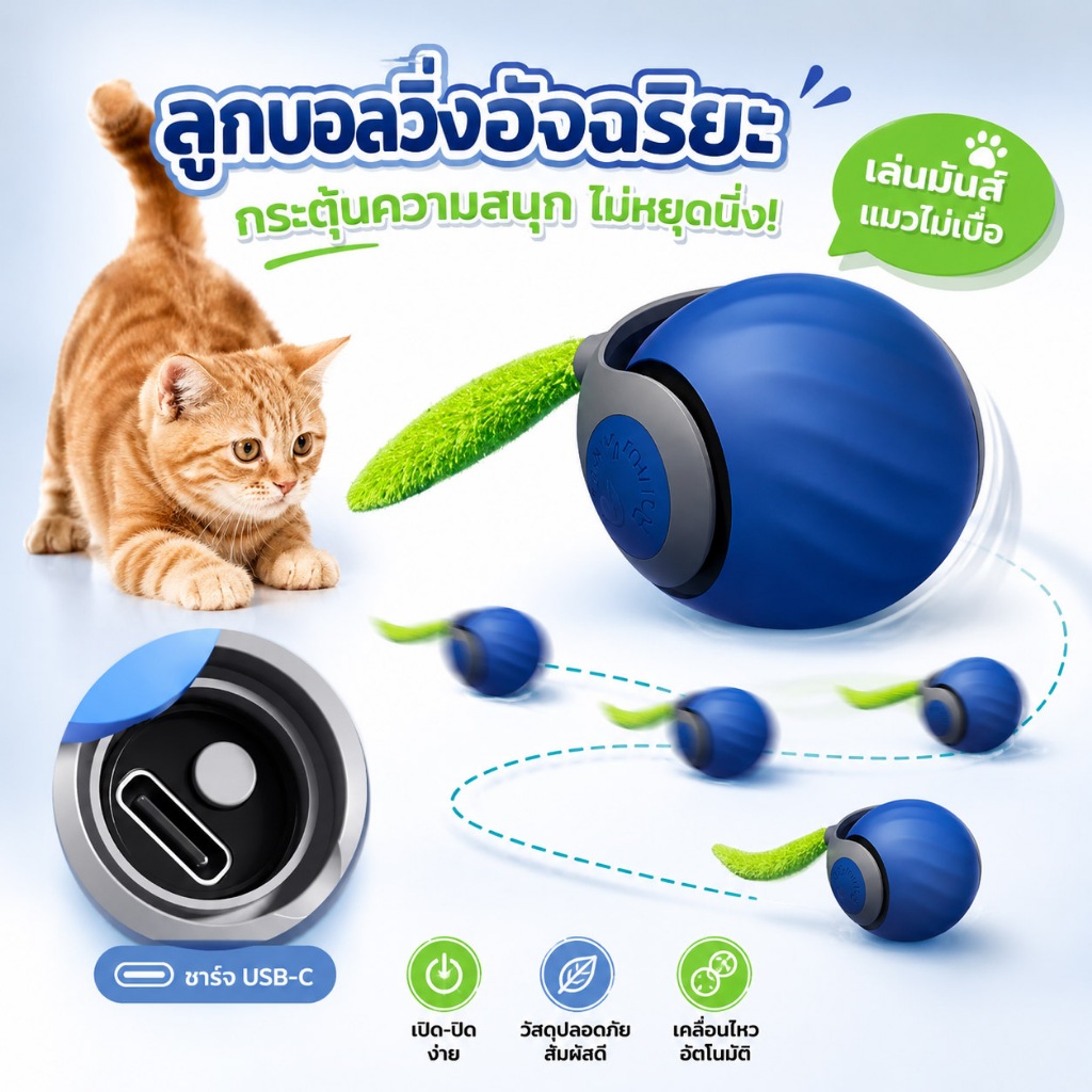 Cobbe ของเล่นแมวโต้ตอบ ลูกบอลวิ่งอัจฉริยะ ปรับความเร็วได้ กลิ้งไว เด้งไม่หยุด  ดึงดูดความสนใจเเมว กระตุ้นการออกกำลังกาย