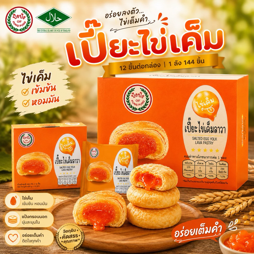 ปังปัง ขนมเปี๊ยะไข่เค็มลาวา (ยกลัง 12 แพค 144 ซอง)