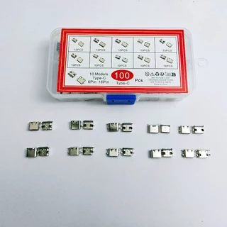 100 ชิ้น 10 ขนาด ชุดปลั๊กชาร์จ Type-C 6Pin/16Pin อะไหล่พอร์ตชาร์จมือถือ แถมกล่องเก็บ