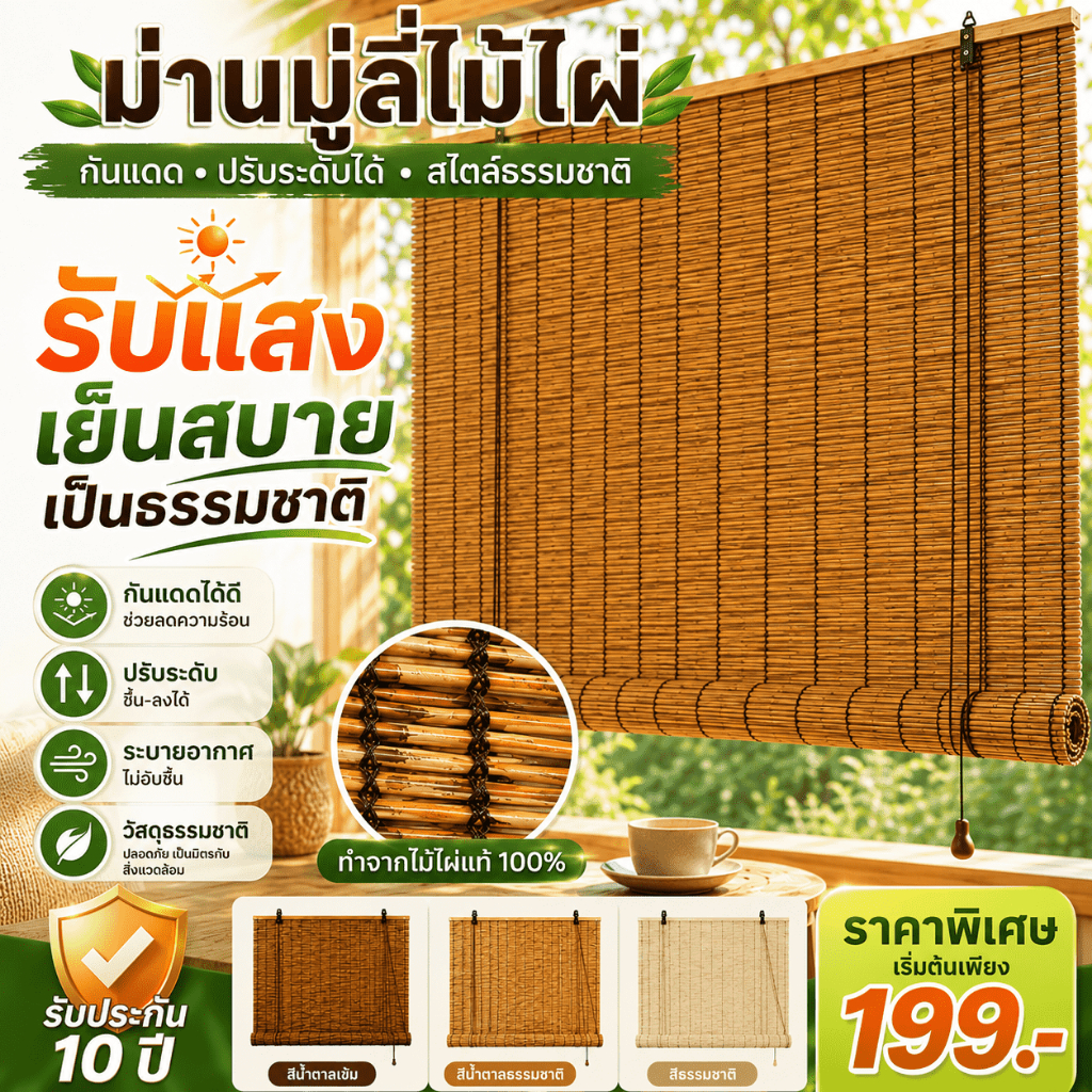 ม่านกกม้วน ม่านกก ปรับได้ 100CM×100CM/300CM-กันน้ำ สตั๊ดติดผนังฟรี ตกแต่งผนัง เป็นธรรมชาติ