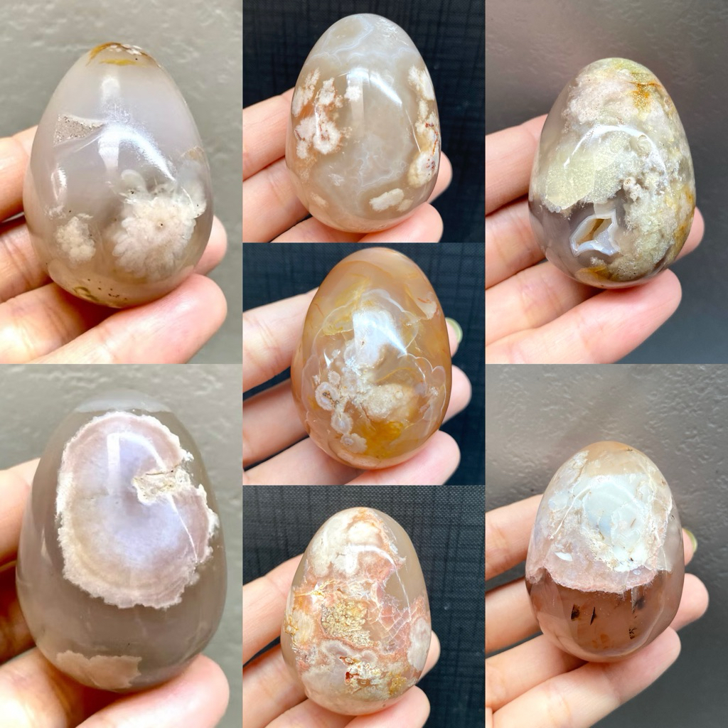 🌸ไข่ซากุระอาเกต 🌸( Flower Agate ) โทนชมพูอ่อน ครีม อ่อนนุ่ม ดอกไม้ดูละมุน ทรงไข่