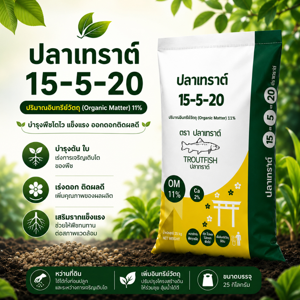 ปุ๋ยปลาเทราต์ 15-5-20 บำรุุงพืช โตไว แข็งแรง ออกดอกติดผลดี