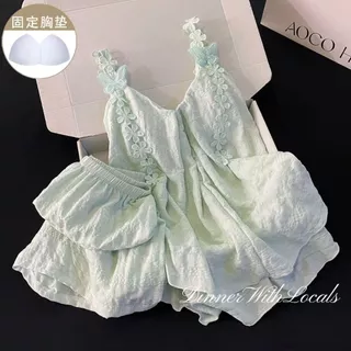(ส่งมาจากประเทศไทย)ชุดนอนผ้าฝ้ายลายเมฆนุ่ม， สีพื้นเรียบหรู ， มาพร้อมกับแผ่นรองหน้าอก， ขาสั้น+เสื้อกล้าม，M-2XL