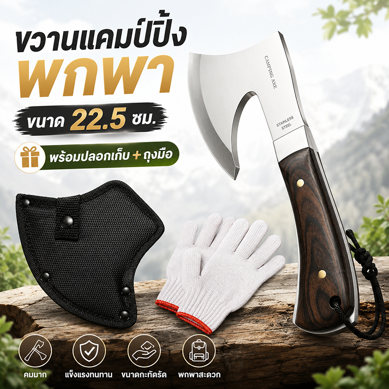 ขวานแคมป์ปิ้ง 22.5 ซม. ขวานพกพา ขวานเดินป่า พร้อมปลอกเก็บ แถมถุงมือ สำหรับแคมป์ปิ้งและกิจกรรมกลางแจ้ง