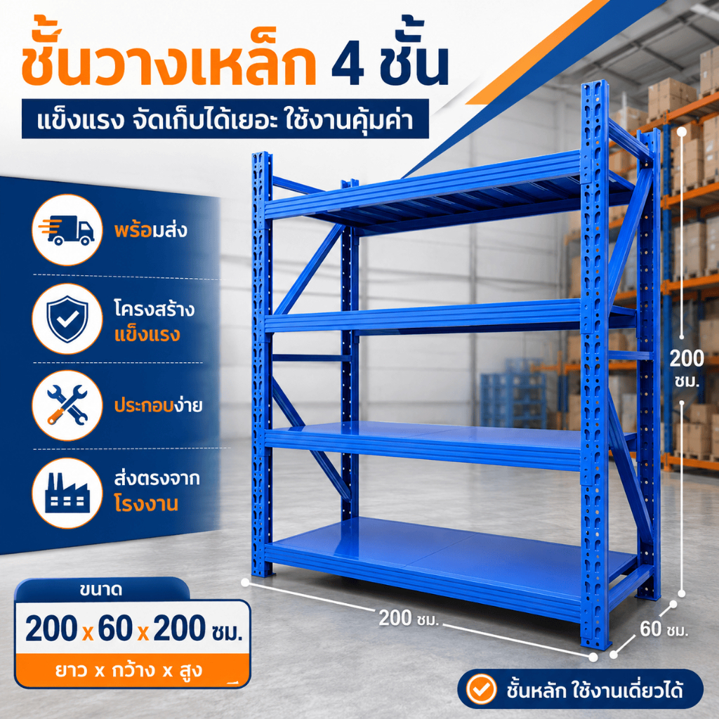 ชั้นวางของ เหล็กหนา ชั้นวางของหนัก 200*60*200 ปรับแต่ละชั้นได้ รับน้ำหนัก 500KG ต่อชั้น