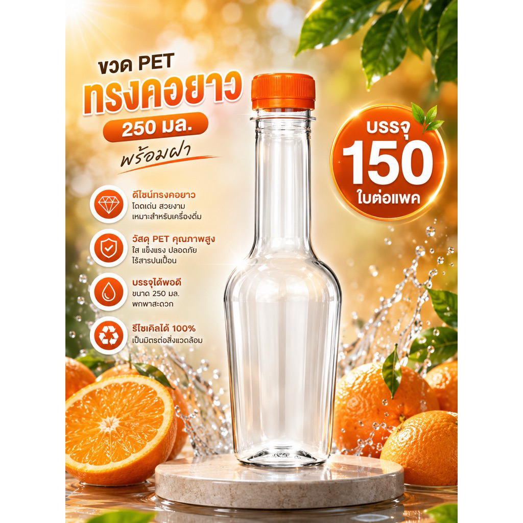 แพ็คใหญ่(150 ใบ) ขวดพลาสติก PET ทรงคอยาว ขนาด 250 มล.