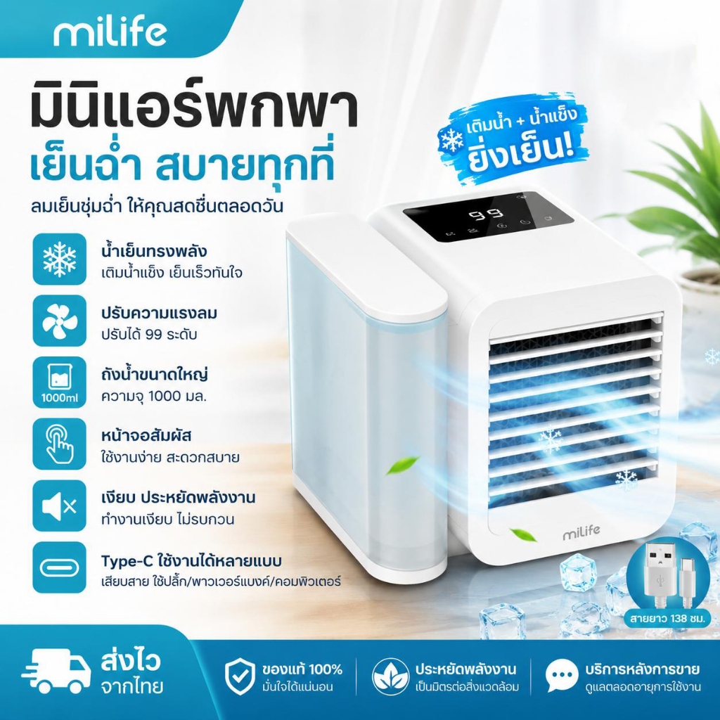 เครื่องปรับอากาศพกพา Milife E15 มินิแอร์น้ำ 1000ml ใส่น้ำแข็งได้ 99 ระดับลม ทัชสกรีน เย็นฉ่ำทั้งคืน 10W ประหยัดไฟ