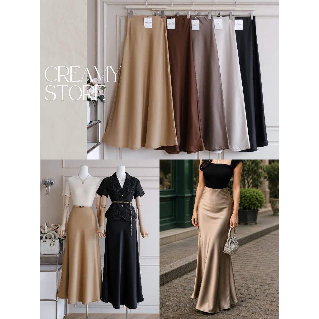 CreamyStore กระโปรงยาวทรงหางปลา ผ้าซาติน เอวสมอค พรางสะโพก งานป้ายPrisana