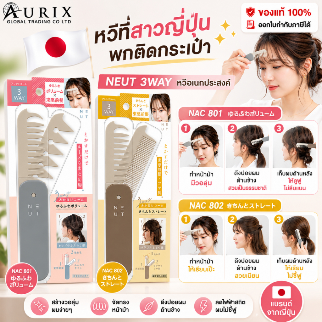 NEUT 3Way หวีอเนกประสงค์ ทำผมวอลลุ่ม เซตหน้าม้า ลดไฟฟ้าสถิต