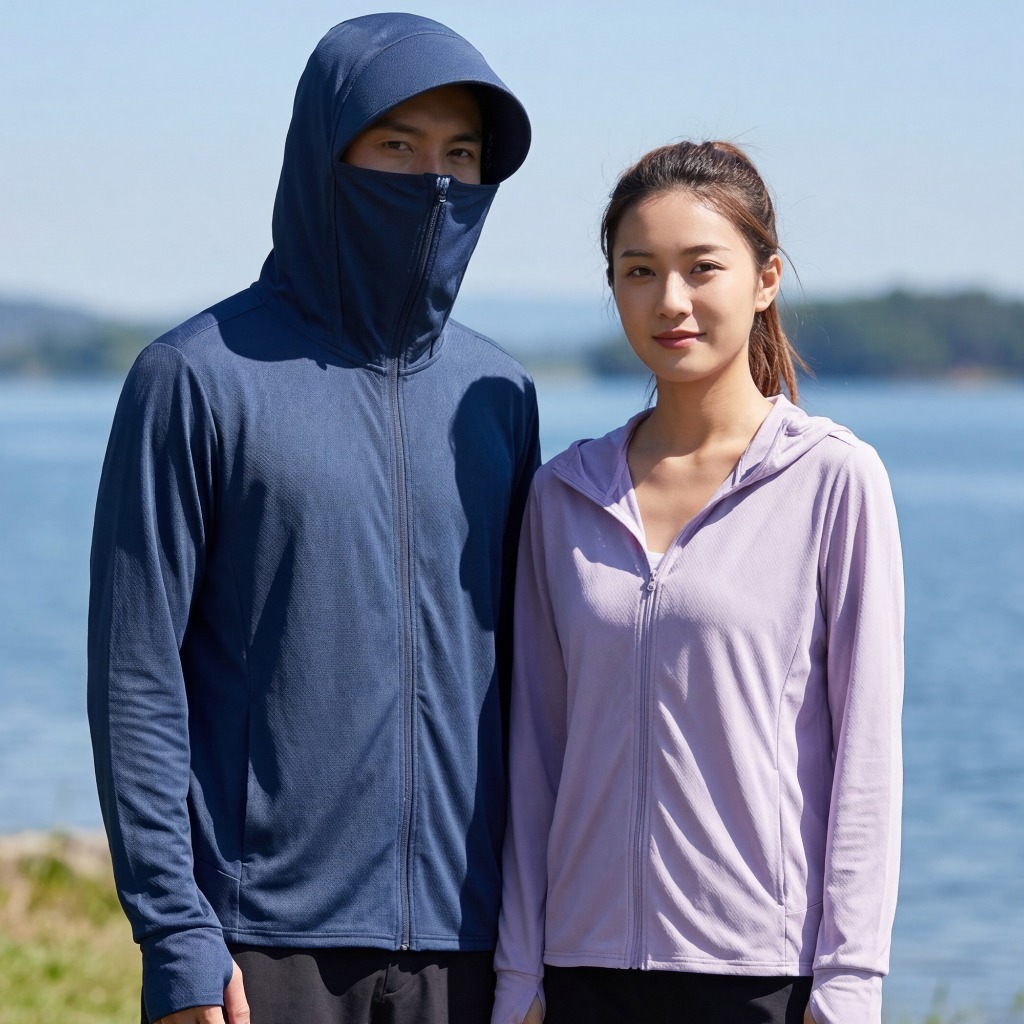 เสื้อคลุมกันแดด UPF50+ เนื้อผ้าบางใส่สบาย มีหมวกกันแดดในตัว กันแดดมิดชิด สีพื้น หญิง/ชายแขนยาว