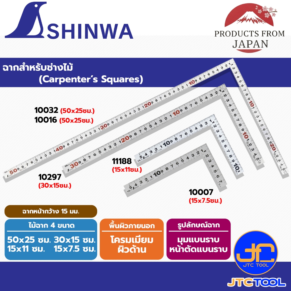 Shinwa ไม้ฉากสแตนเลส รุ่นมุมแบนราบหน้าตัดแบนราบ ชุบฮาร์ดโครม - Carpenter's Square Flat Coner Hard Chrome Finish