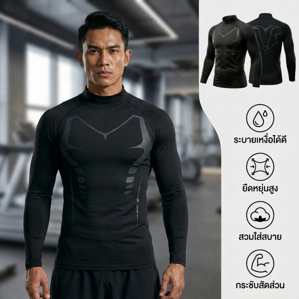เสื้อแขนยาวคอเต่าสำหรับผู้ชาย แห้งเร็ว เสื้อกีฬาแบบคอเต่า เสื้อรัดรูปที่มีสัญลักษณ์สะท้อนแสงด้านหน้าและด้านหลัง