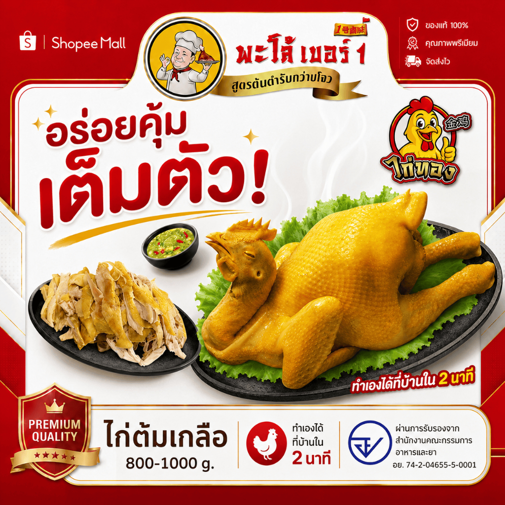 ไก่ต้มเกลือ (800-1000 กรัม) หนังกรอบ เนื้อนุ่มชุ่มฉ่ำ พร้อมรับประทาน ไม่ต้องหั่น เป็นชุดอาหารปรุงสุกพร้อมทานสำหรับครอบคร
