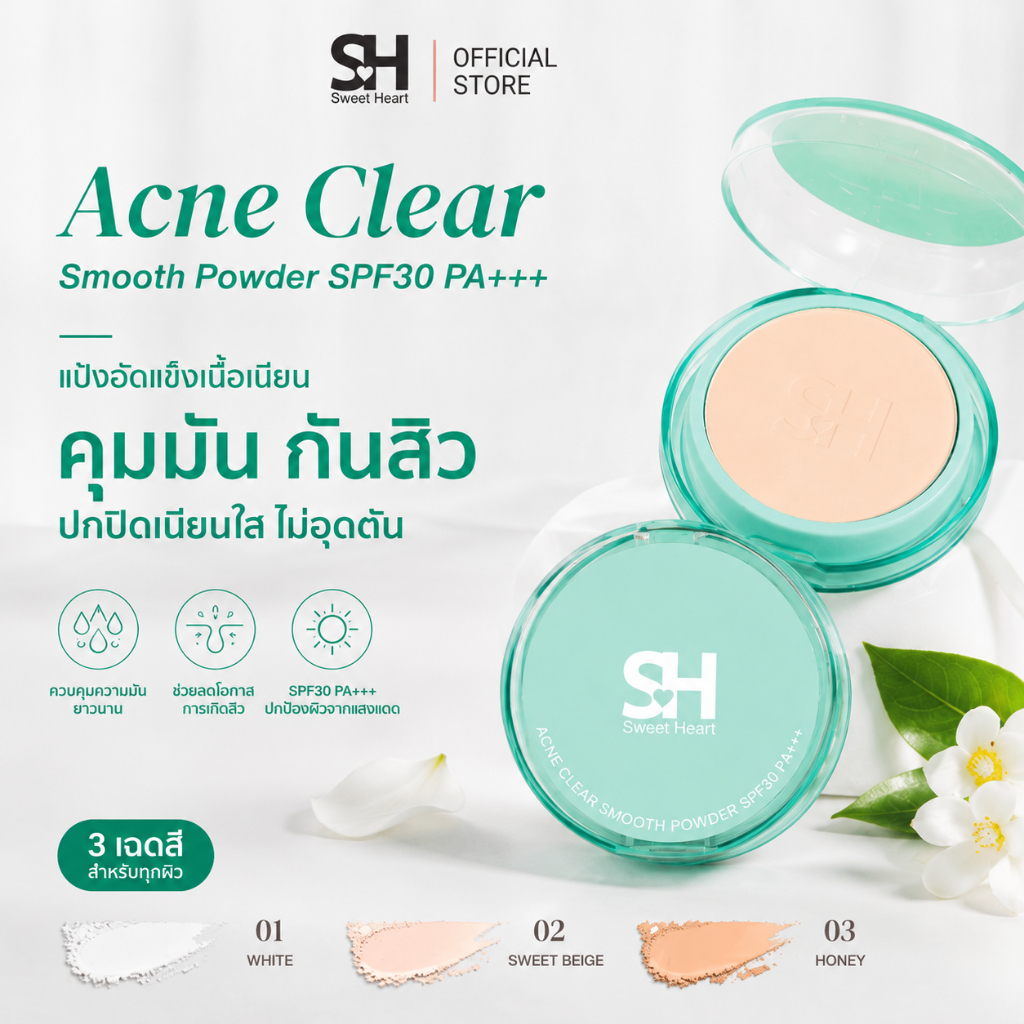 Sweet Heart Acne Clear Smooth Powder SPF30 PA+++ แป้งพัฟแอคเน่คุมมัน สำหรับผิวเป็นสิว