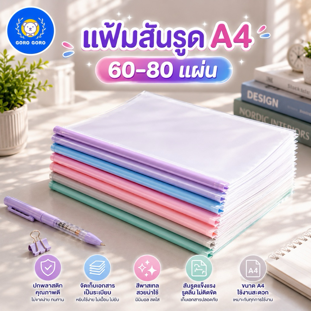 สันรูด [*แถมแผ่นใส10ชิ้น] แฟ้มสันรูดA4 สีพาสเทล รองรับA4ได้60-80แผ่น จัดส่งเร็ว