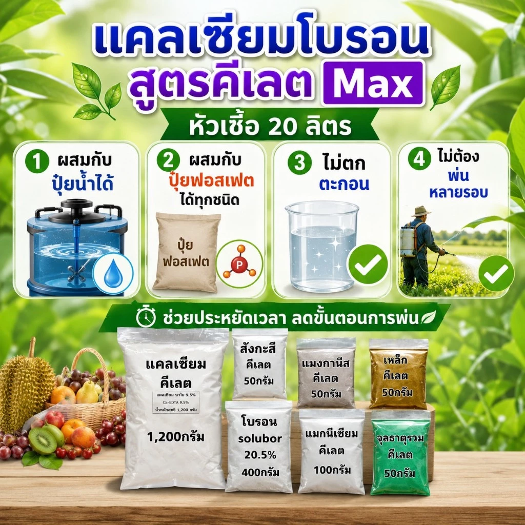แคลเซียมโบรอน สูตรคีเลต Max หัวเชื้อ 20 ลิตร ละลายไว พืชดูดซึมเร็ว ผสมกับปุ๋ยน้ำได้ ไม่มีตะกอน