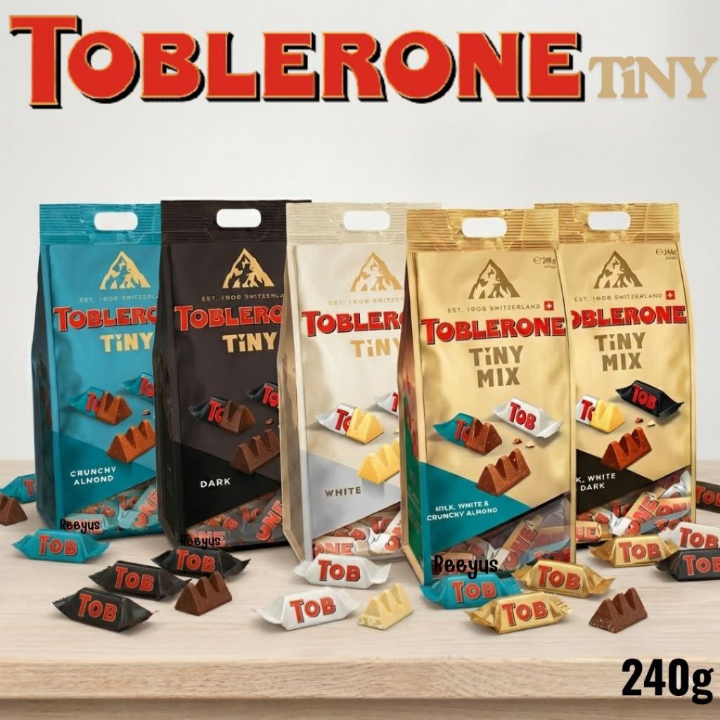 Toblerone Tiny Chocolate น้ำหนัก 240 กรัม  มี 5 รสชาติ ในถุงมีประมาณ 30 ชิ้น สินค้าจากสวิตเซอร์แลนด์