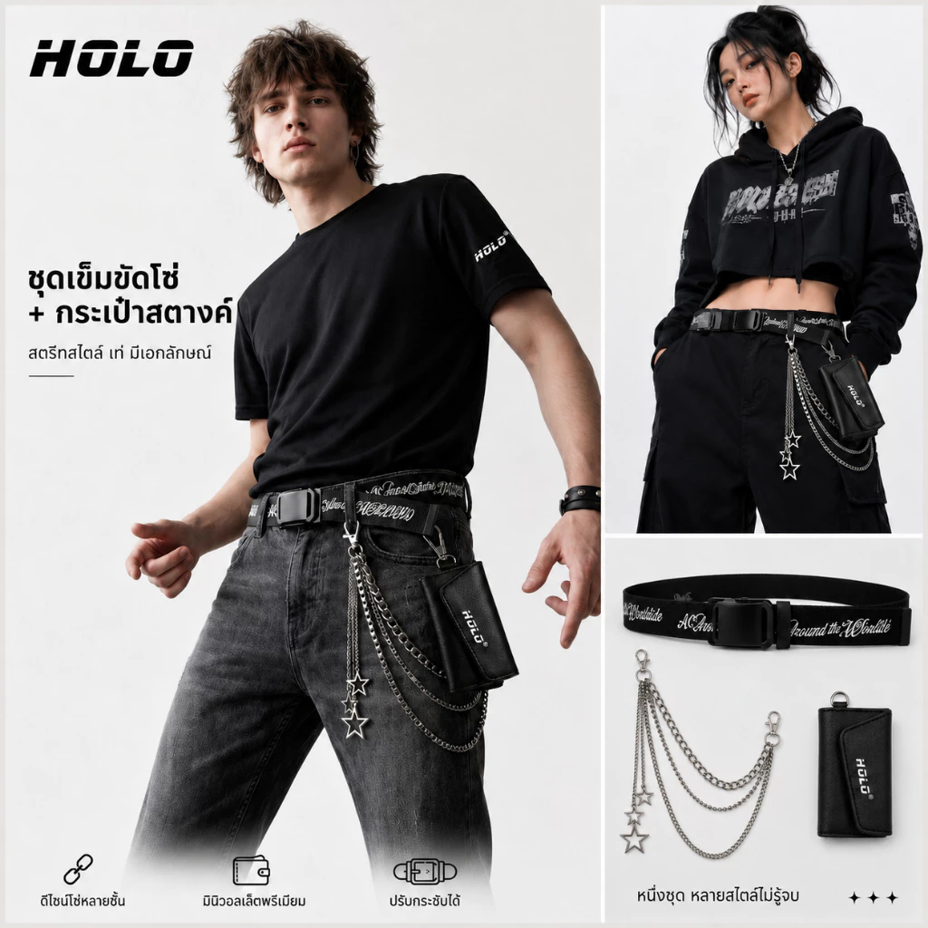 HOLO เข็มขัดแฟชั่นพร้อมโซ่โลหะและกระเป๋ากุญแจ ใส่กับกางเกงยีนส์ กระโปรง และลุค Y2K