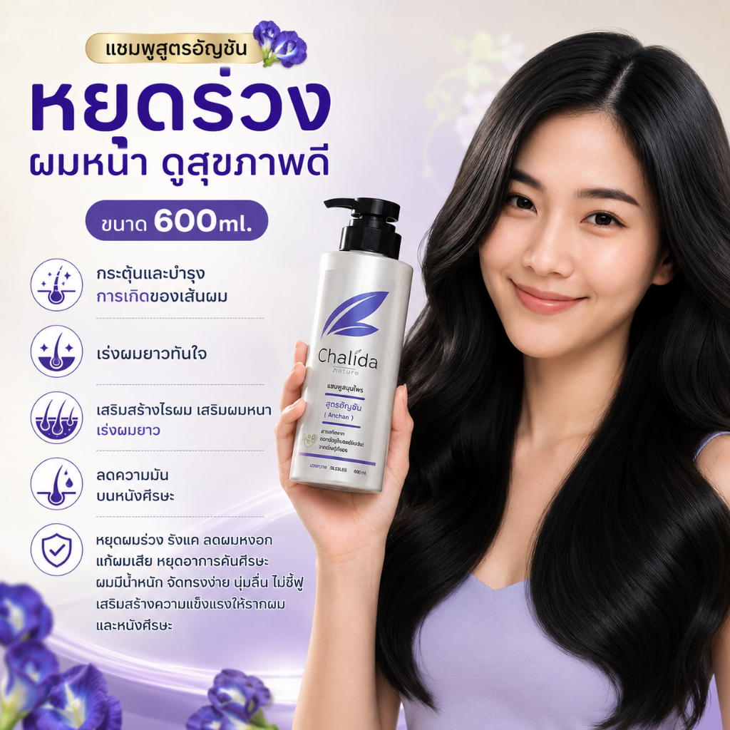 (หยุดผมร่วง) สูตรอสูตรอัญชันขนาด 600ml. ลดผมร่วง เพิ่มผมหนา  ฟื้นฟูผมแห้งเสีย ผมนุ่มลื่นมีน้ำหนัก ลดความมันบนหนังศีรษะ