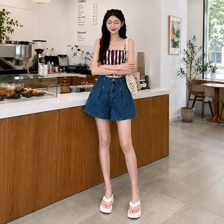 กางเกงขาสั้นยีนส์เอวสูง ปิดสะโพกกระชับเอว วินเทจ ทรงหลวม ใส่สบาย Denim Shorts ส่งจากไทย#T47