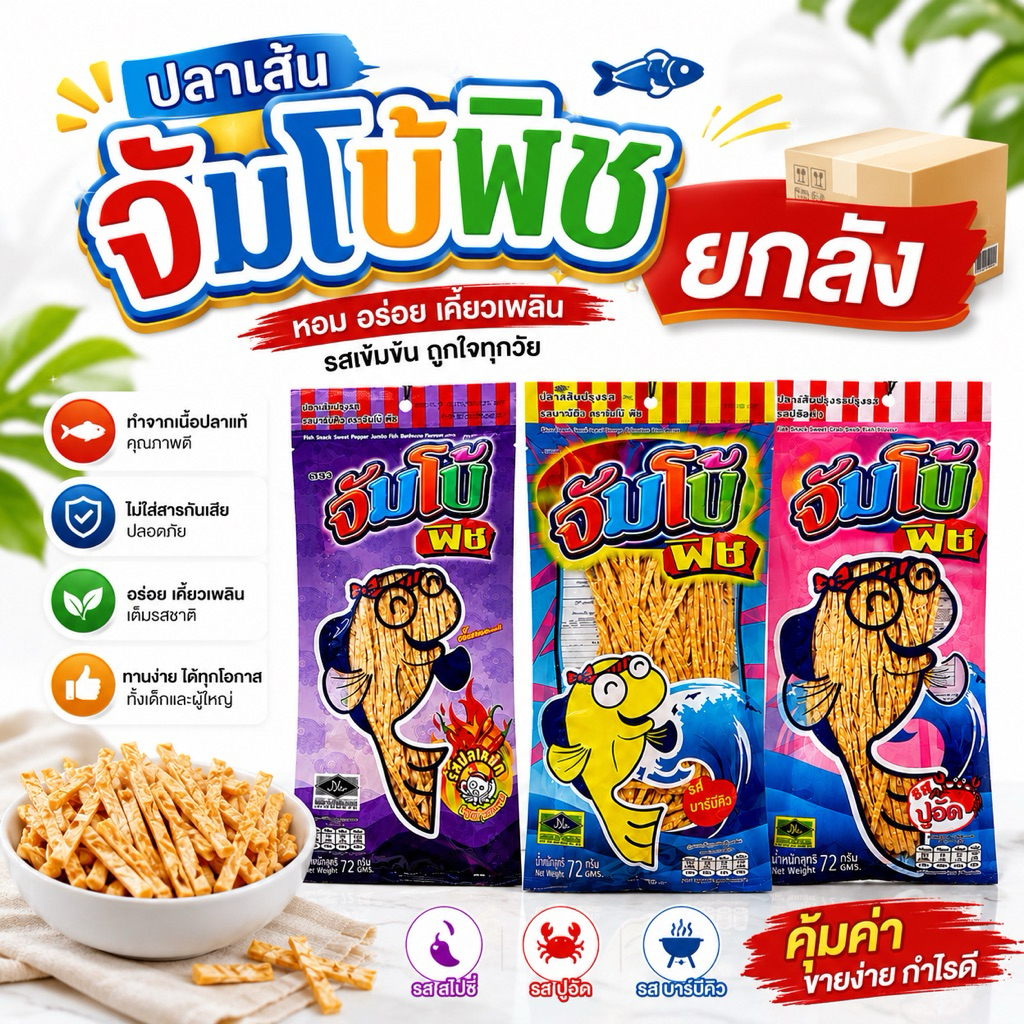 [ยกลัง]ปลาเส้นจัมโบ้ ขนาด 72 กรัม มี 50 ซอง มีให้เลือก 3 รสชาติ