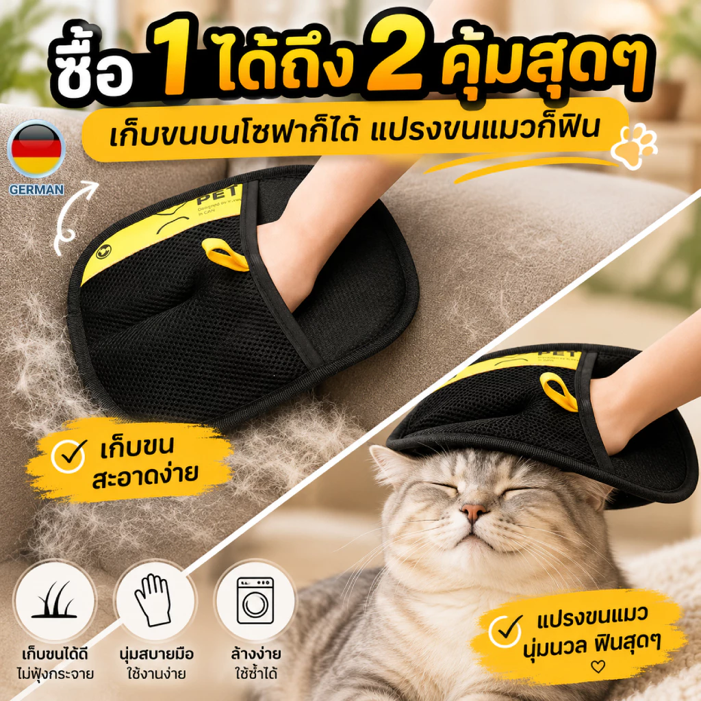 Petclear ถุงมือแปรงขนแมว แปรงขนสุนัข ที่แปรงขนสัตว์เลี้ยง ถุงมือกําจัดขนไฟฟ้าสถิตสําหรับสัตว์เลี้ยง