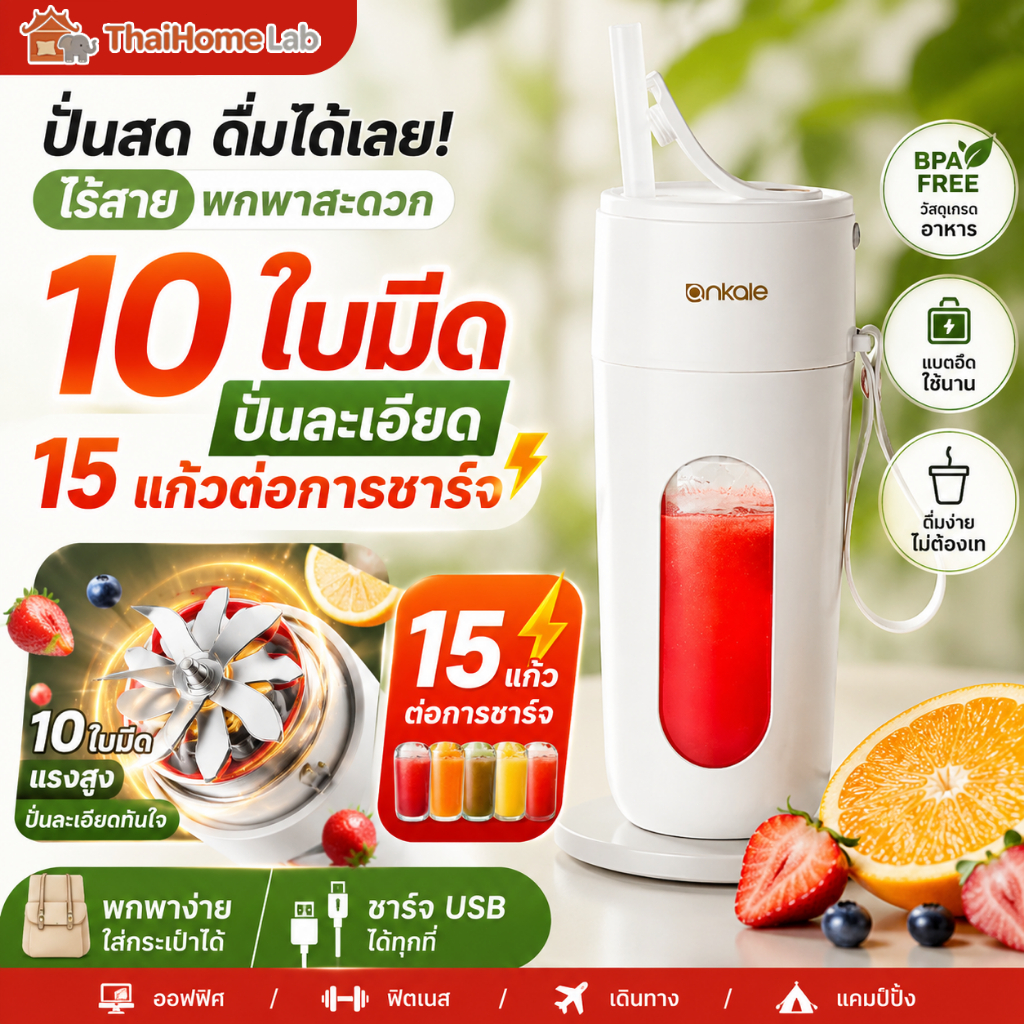 เครื่องปั่นน้ําผลไม้พกพา เครื่องปั่นน้ำผลไม้  ใบมีด10 ใบ เครื่องปั่นน้ําผลไม้ไร้สาย แบบพกพา อเนกประสงค์ USB ใบมีดสแตนเลส