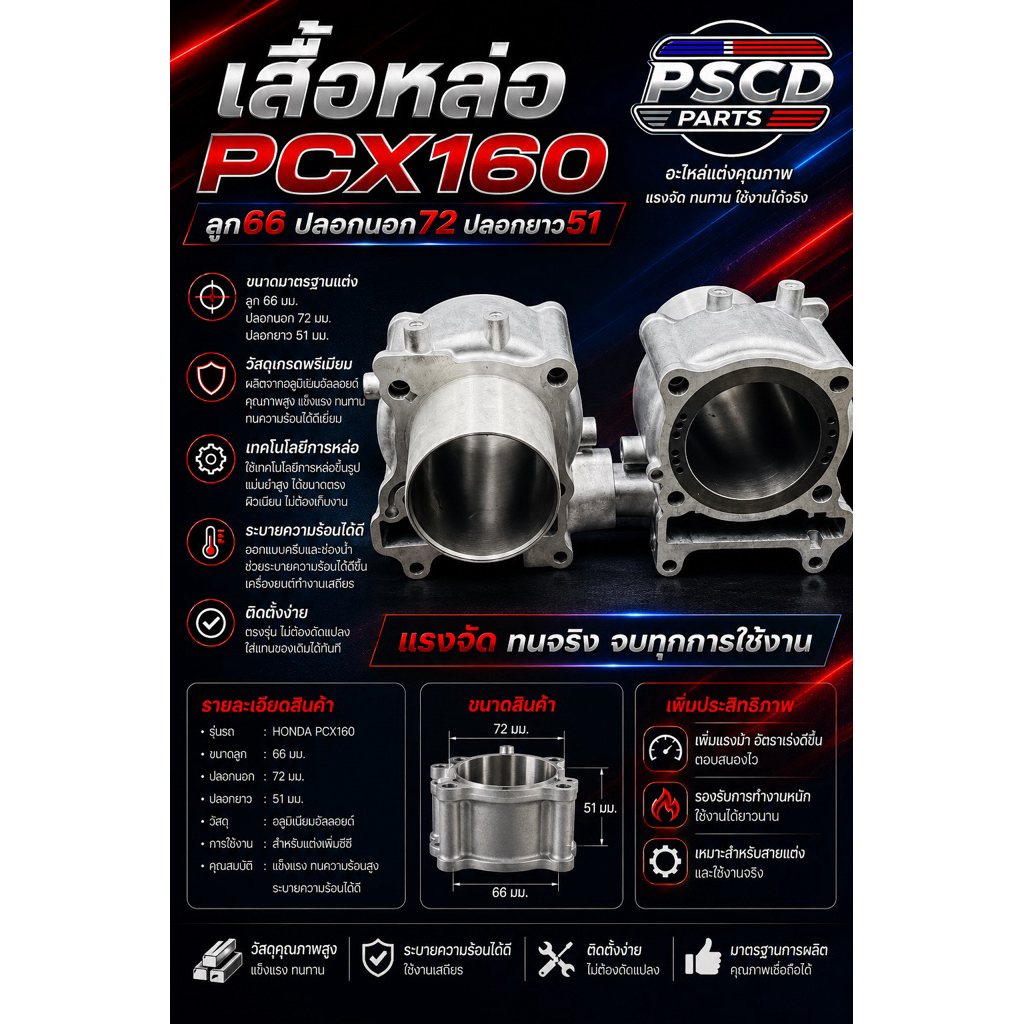 เสื้อหล่อ Pcx-160 ลูก66 ปลอกนอก72 ปลอกยาว51