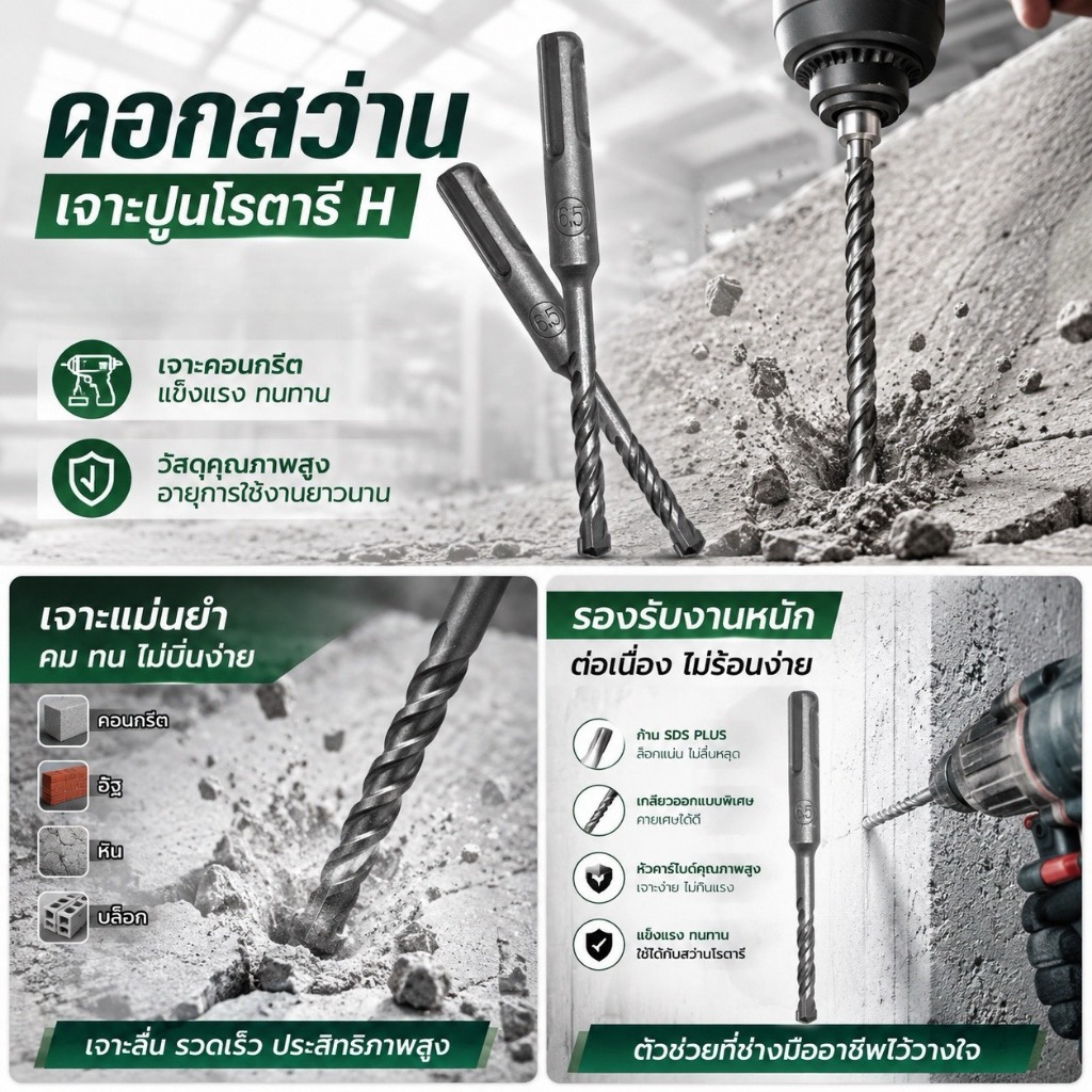 ดอกสว่านเจาะปูนโรตารี่็ H ขนาด 6.5x110-8X160 มม. ราคาต่อชิ้น สินค้าคุณภาพดี