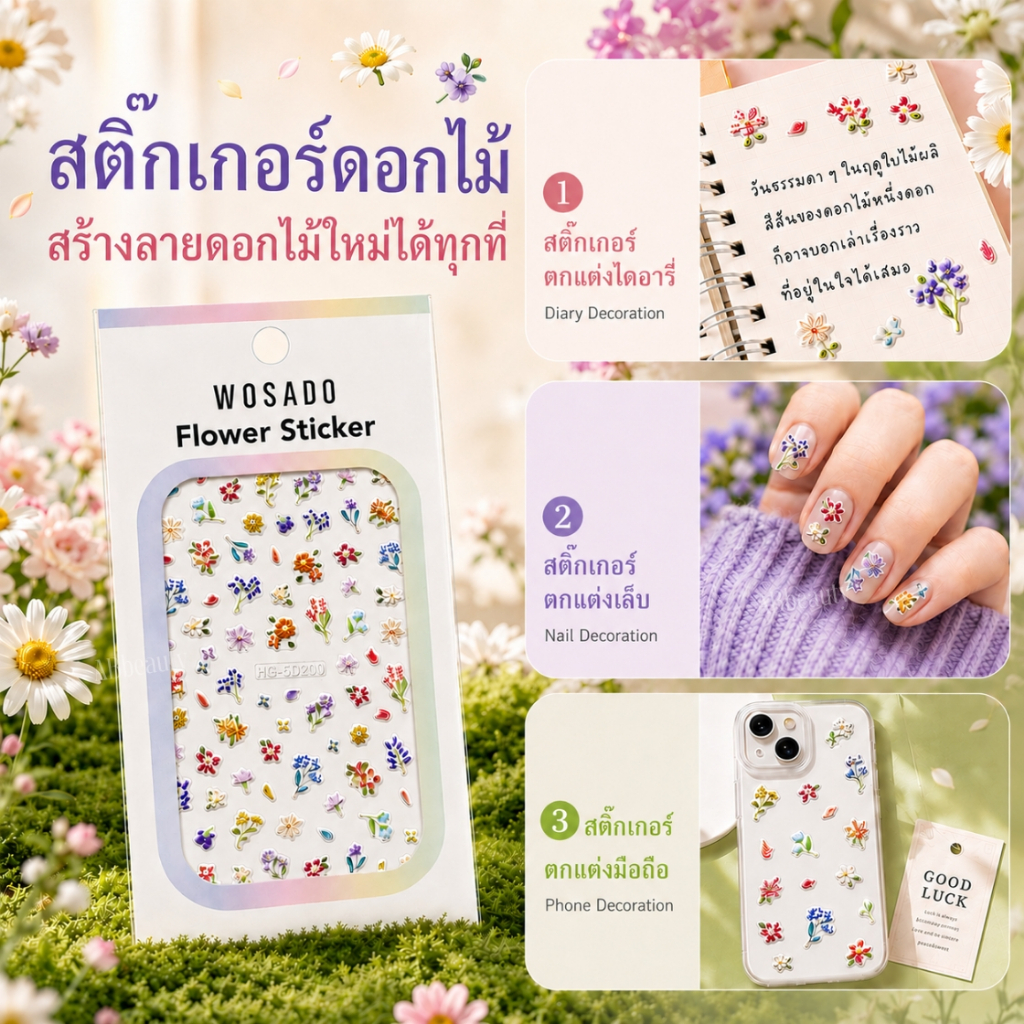 🌸 ส่งด่วน ถึงไวที่สุด🌸 WOSADOสติ๊กเกอร์ลายดอกไม้ flower sticker