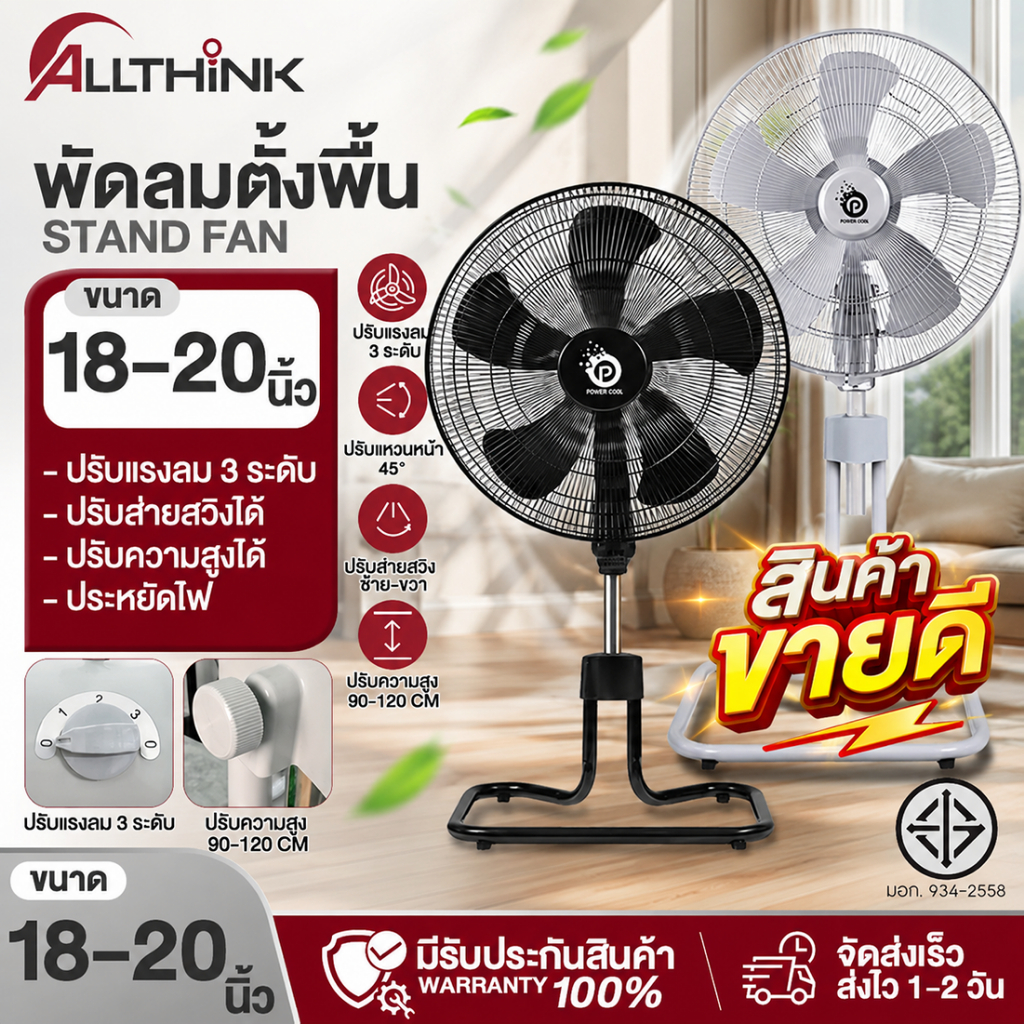 พัดลมอุตสาหกรรม  พัดลมตั้งพื้น ขนาด 18" 5ใบพัด POWER ONE รุ่น GL72 แรงลม3ระดับ กำลังไฟ 130W