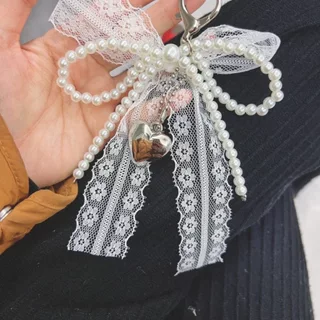 พวงกุญแจโบว์จี้ไข่มุก จี้ห้อยกระเป๋า พวงกุญแจ keychain ตกแต่งกระเป๋า bag Y2K ดำ สไตล์หวาน