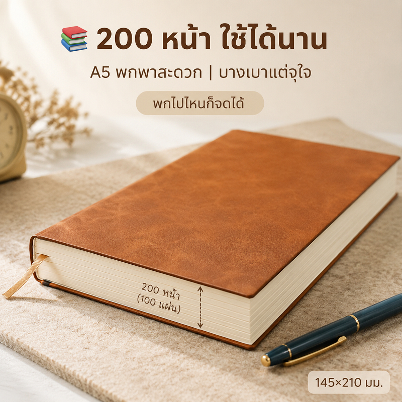 สมุดบันทึกหนังพรีเมียม A5 สมุดโน้ตปกแข็ง เรียบหรูสไตล์ธุรกิจ กระดาษถนอมสายตา เขียนลื่นไม่ซึม เหมาะสำหรับเป็นของขวัญ